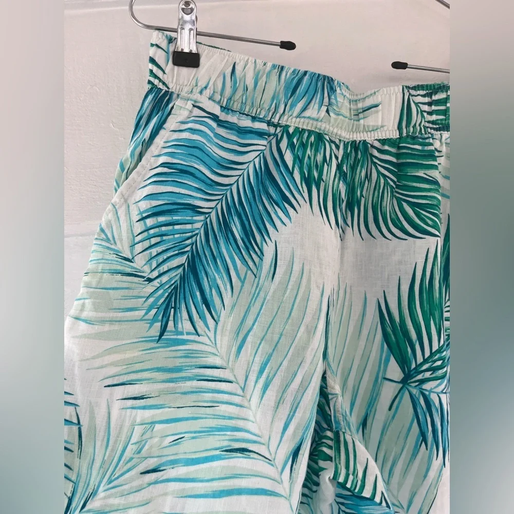 Tahari Womens 100% Linen Tropical Leaf Print Wide Leg Crop Pants Boho Beach S
